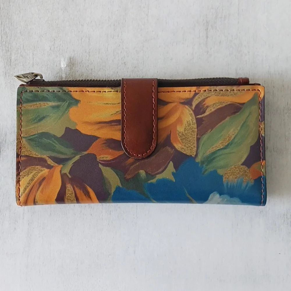 Patricia Nash NAZARI Leather Bifold Wallet Floral Marigold Harvest Blue Brown